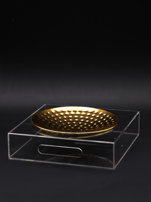 Gold Metal Serving Dish With Acrylic Base Stand Size: 24 * 20 * 6 cm