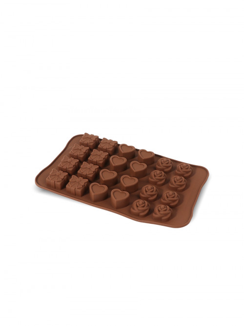 Chocolate mold in multiple shapes containing 24 brown holes 23 x 12 x 1.9 centimeters