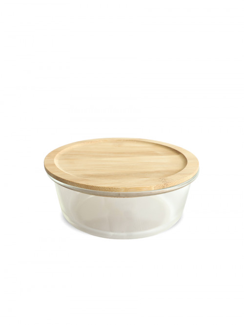 Round transparent glass case with wooden lid
