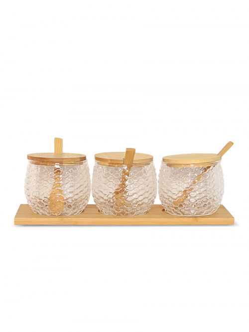 3 Pieces Glass Spice Storage Containers Set with Wooden Lid 29X8X12cm