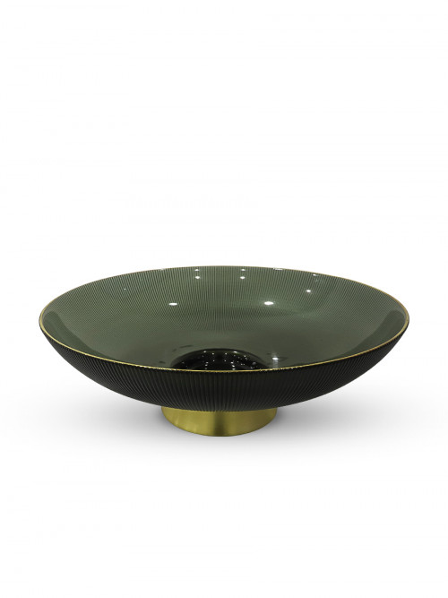 Green glass fruit bowl with a golden base size: 35 * 12 cm