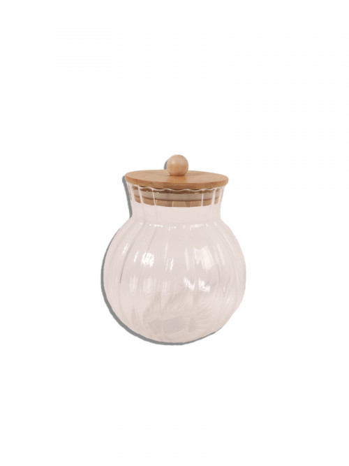 Transparent glass jar with wooden lid 14*9cm