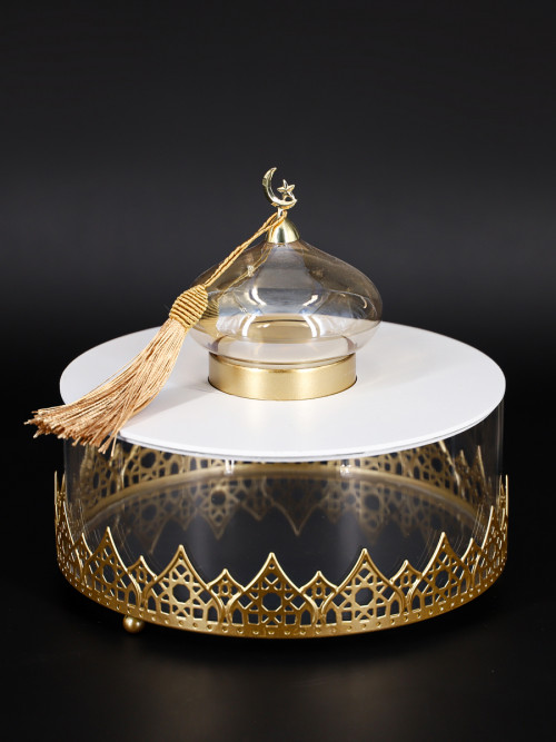 Round acrylic box decorated with gold base and lid 20*19 cm